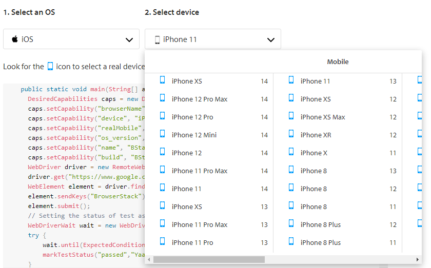 BrowserStack Tutorial to select the device