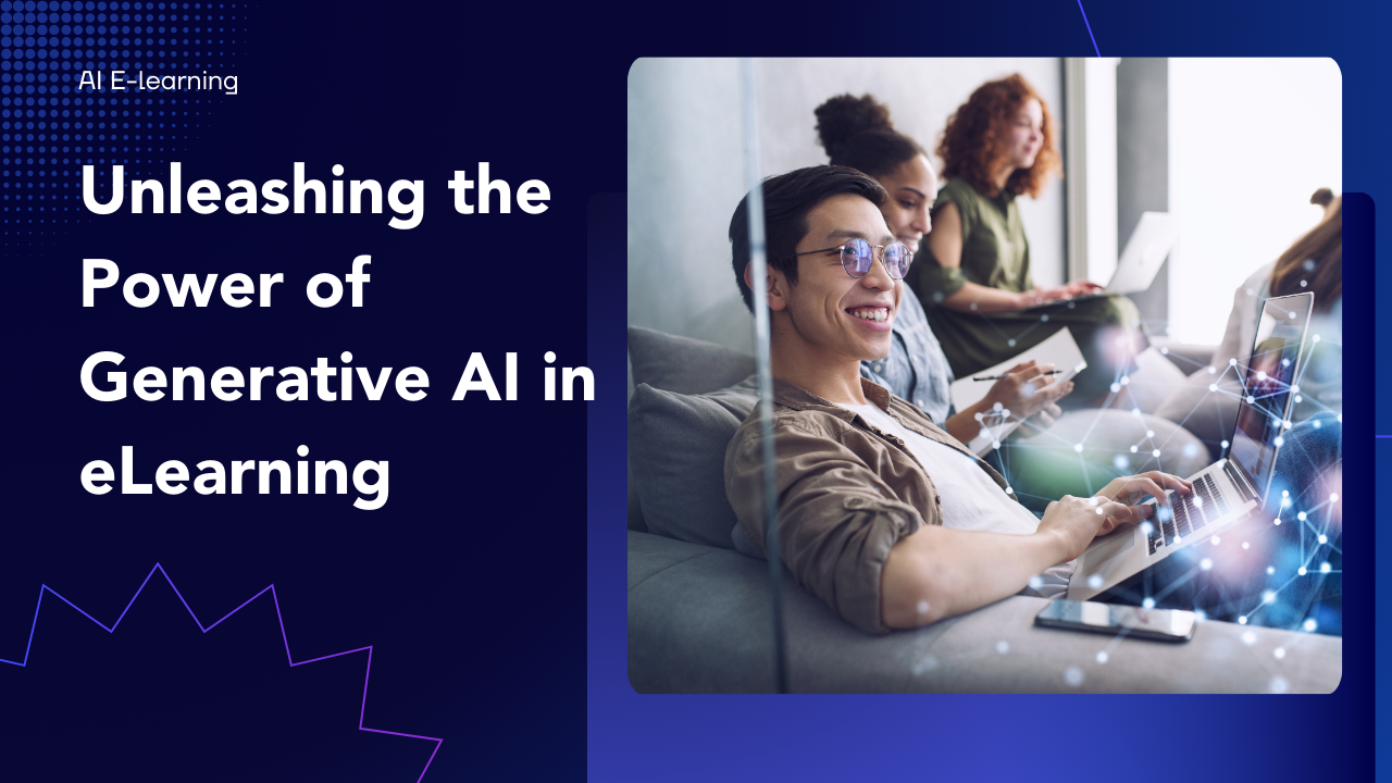 A promotional banner for AI in eLearning, titled 'Unleashing the Power of Generative AI in eLearning.' The image features a group of students sitting on a couch, using laptops in a collaborative learning environment. The banner has a navy and purple gradient background with digital network graphics, emphasizing the technological aspect of AI-enhanced eLearning.