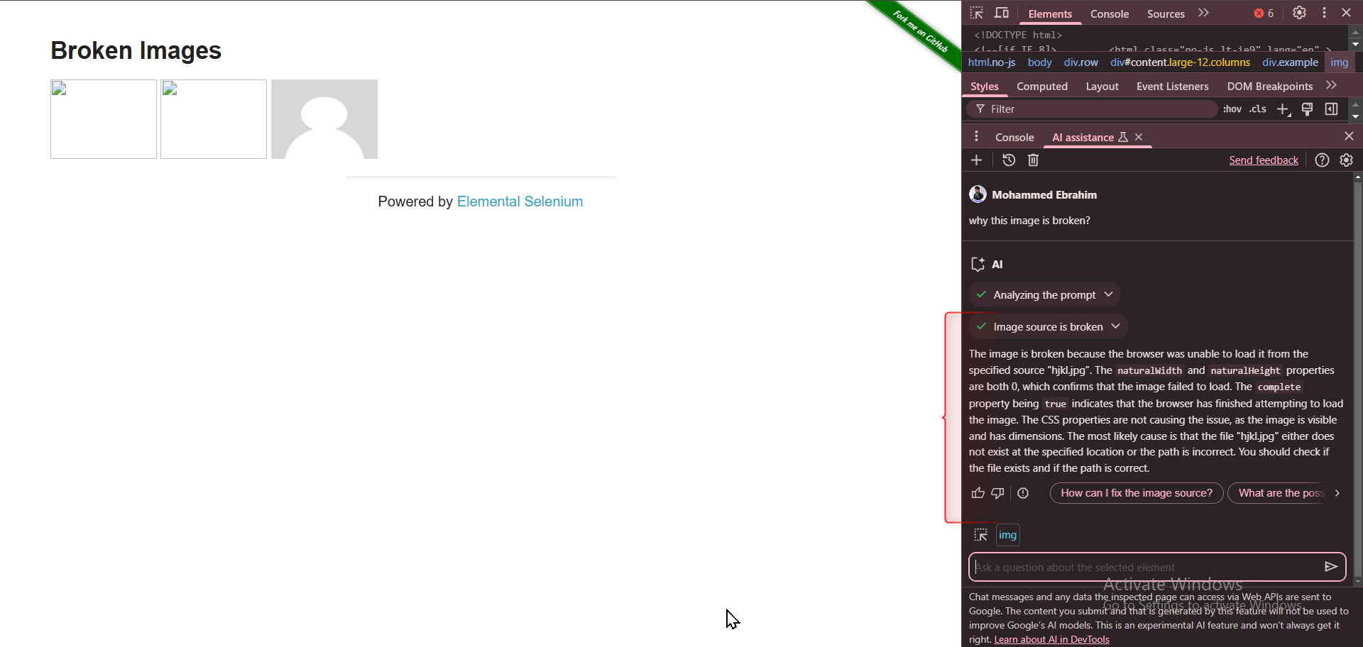 A webpage displaying broken images is open in a Chrome browser, with Chrome DevTools active on the right. The AI Assistant in Chrome DevTools is analyzing the issue, providing insights on why the images are broken and suggesting potential fixes.