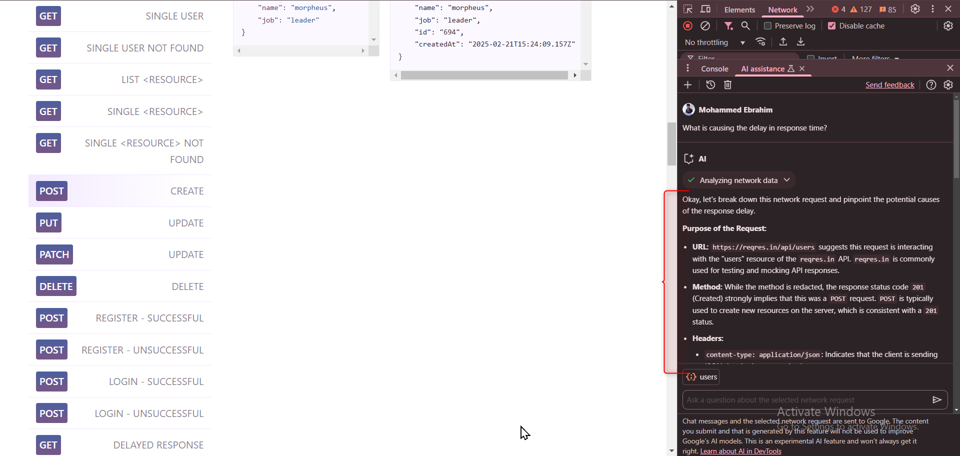 API testing interface displayed in a Chrome browser with Chrome DevTools open on the right. The 'Network' tab is active, and the AI Assistant in Chrome DevTools is analyzing network requests, providing insights on response time and potential issues.