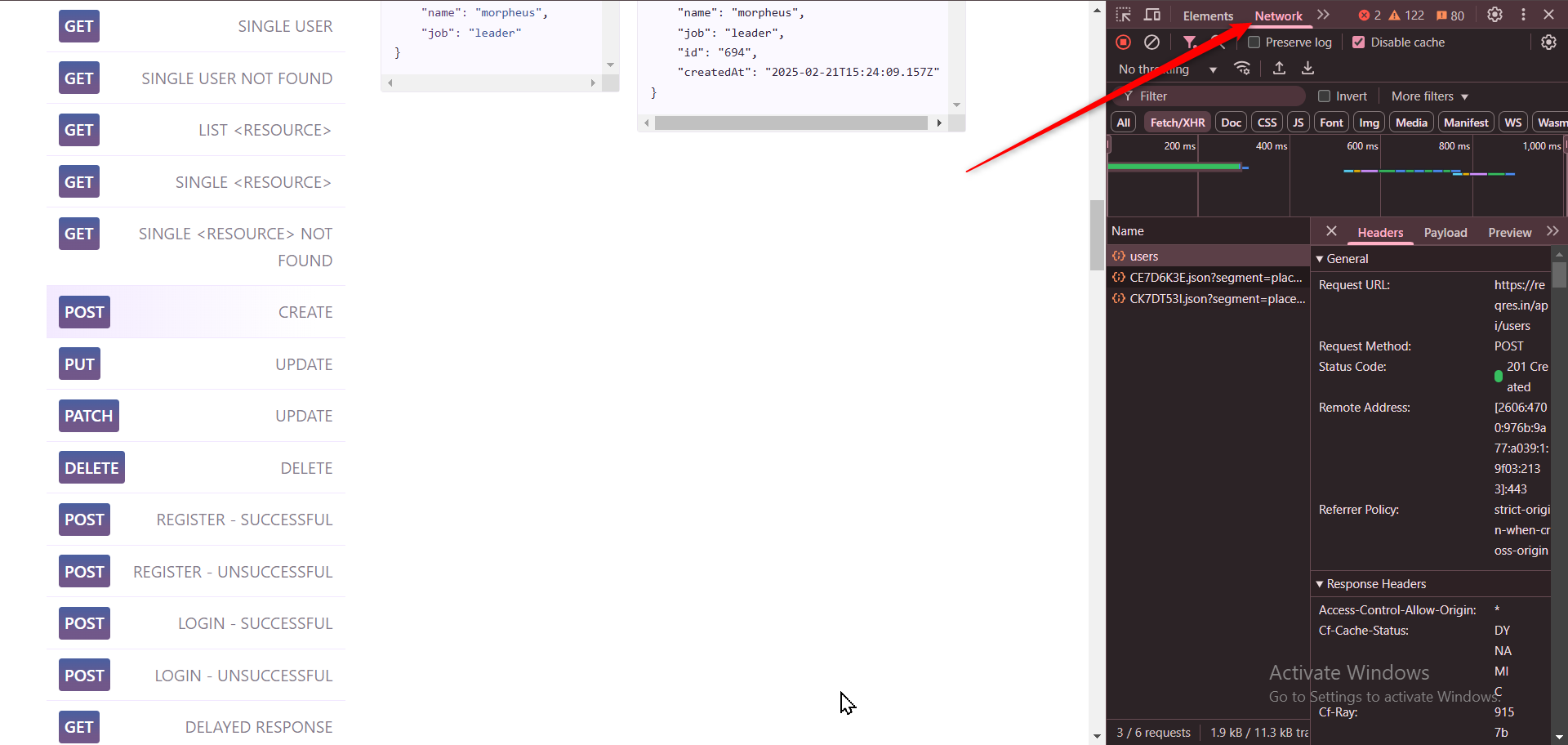 API testing interface displayed in a Chrome browser with Chrome DevTools open on the right. The 'Network' tab is active, showing request details. The AI Assistant in Chrome DevTools is analyzing the network activity.