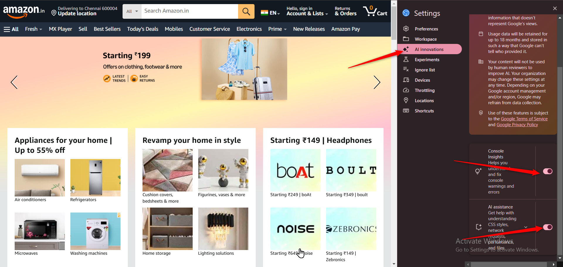 Amazon homepage displayed in a Chrome browser with Chrome DevTools Settings panel open on the right. The 'Experiments' tab is selected, showing options like 'AI Assistant' enabled in Chrome DevTools