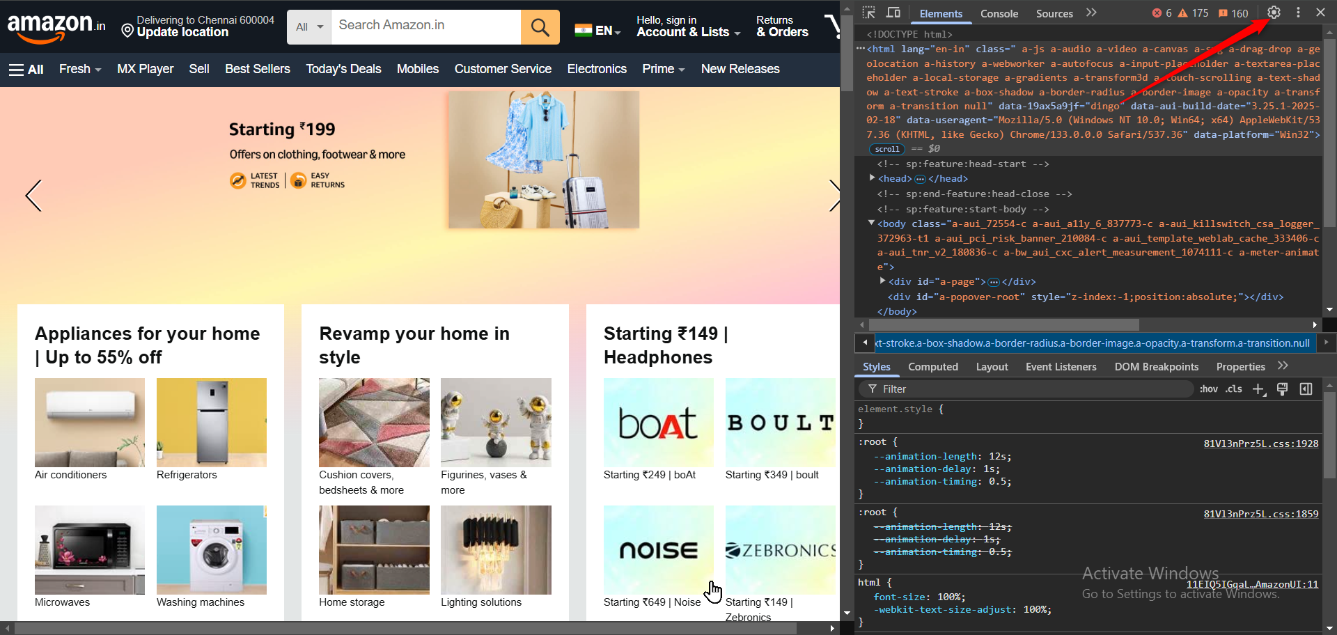 Amazon homepage opened in a Chrome browser with Chrome DevTools active on the right side. The DevTools panel highlights JavaScript code with an error message. The AI Assistant in Chrome DevTools is analyzing the code