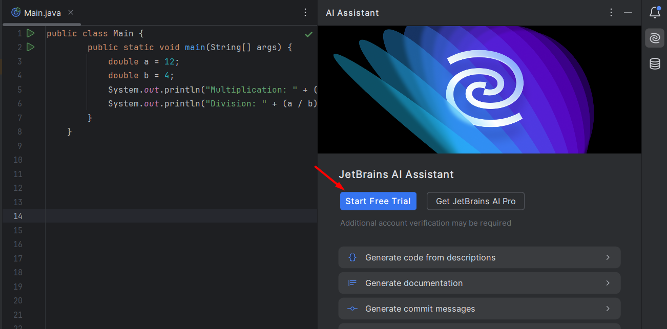 Start Free Trial to activate JetBrains AI features. Start Free Trial to activate JetBrains AI features.