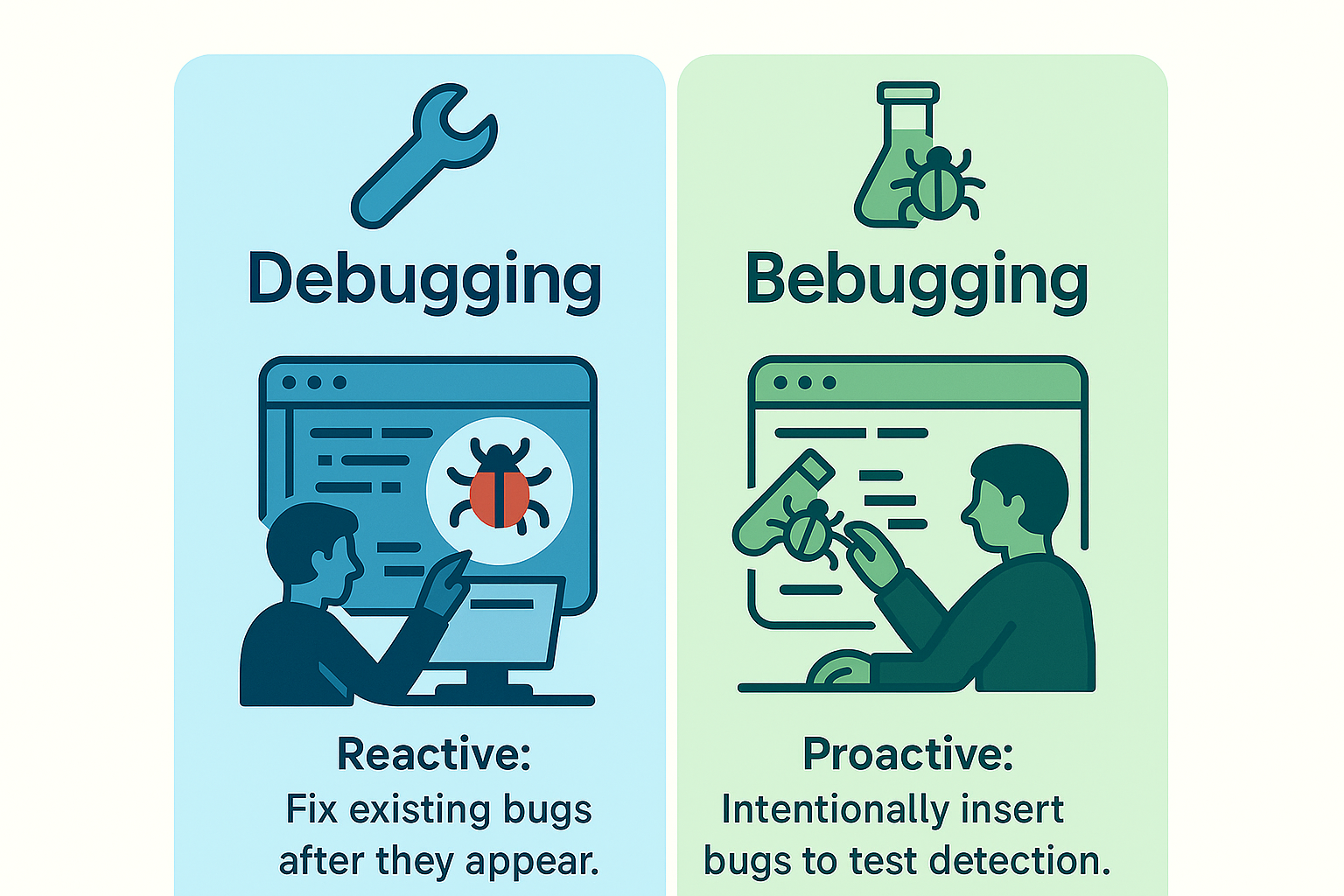 Infographic comparing debugging (reactive bug fixing) and bebugging (proactive bug insertion) with icons and developers at computer screens.