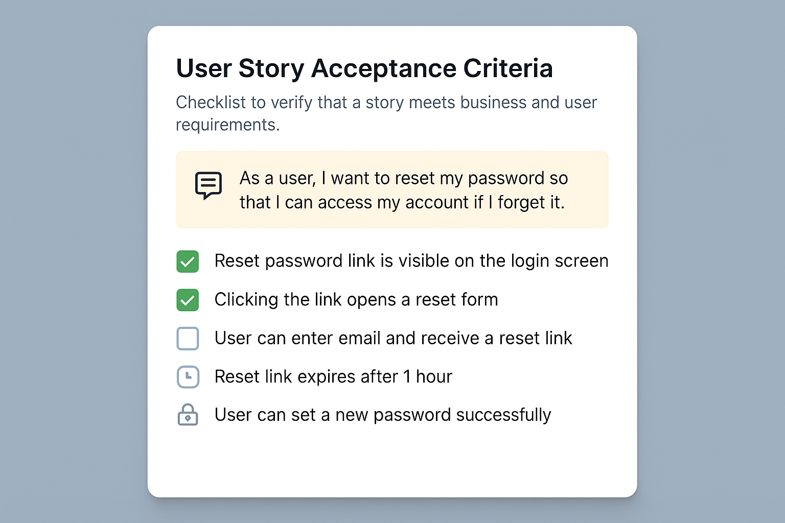 Checklist for a user story about resetting a password, with some items checked and others unchecked