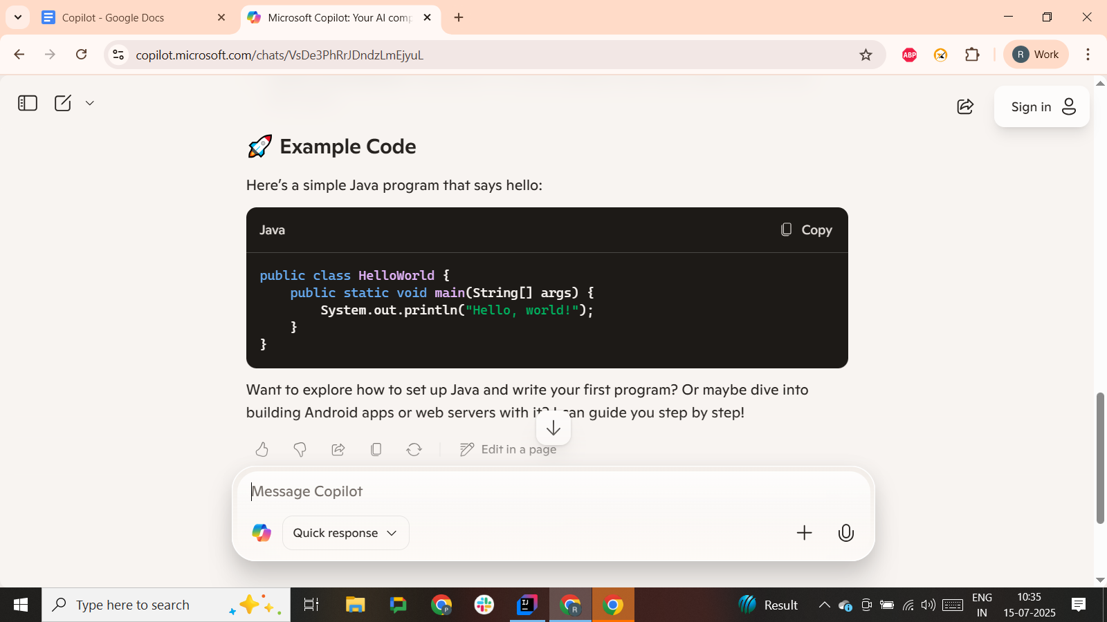 Screenshot of the Microsoft Copilot webpage displaying a sample Java program titled 