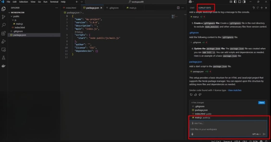 Screenshot of Visual Studio Code showing an open JavaScript project with package.json file in focus. The file defines the project name, version, and a start script pointing to node public/js/main.js. On the right, GitHub Copilot is active under 