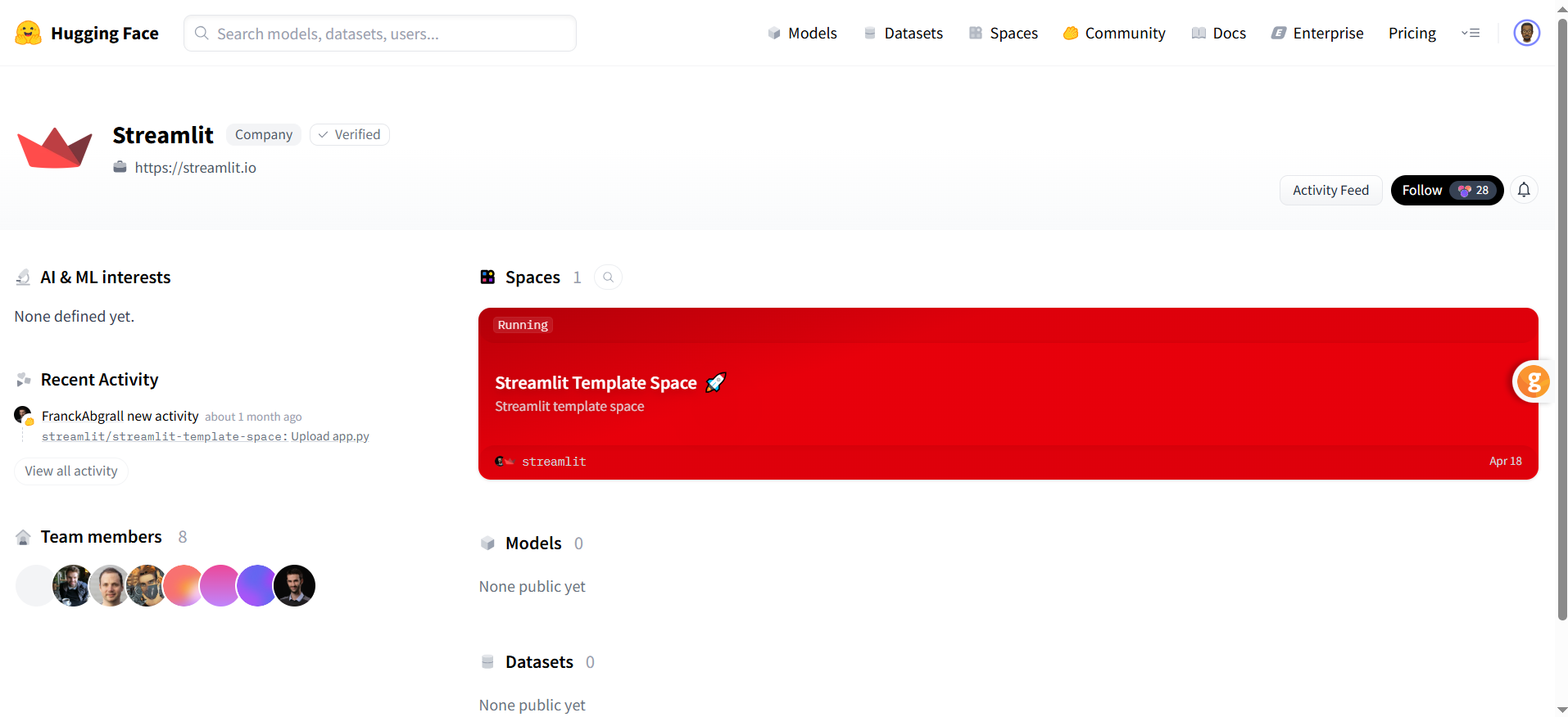  Create an App Using AI, Screenshot of the Streamlit profile page on Hugging Face showing a running Streamlit Template Space, recent activity, and team members list.