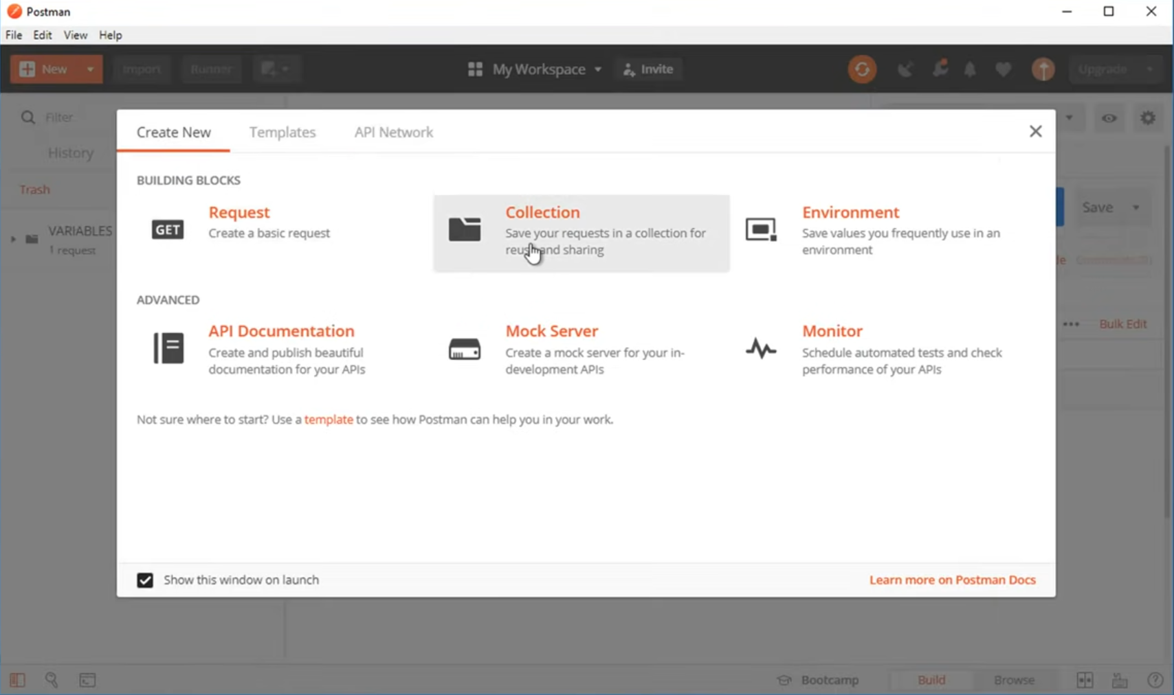 Screenshot of Postman’s “Create New” menu showing options to create a Request, Collection, Environment, API Documentation, Mock Server, and Monitor.