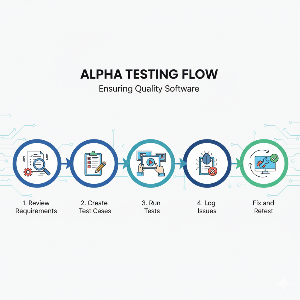 A flowchart illustrating the Alpha Testing process in software development. The steps include: 1. Review Requirements, 2. Create Test Cases, 3. Run Tests, 4. Log Issues, and 5. Fix and Retest. Each step is represented with an icon, showing the sequence for ensuring quality software.