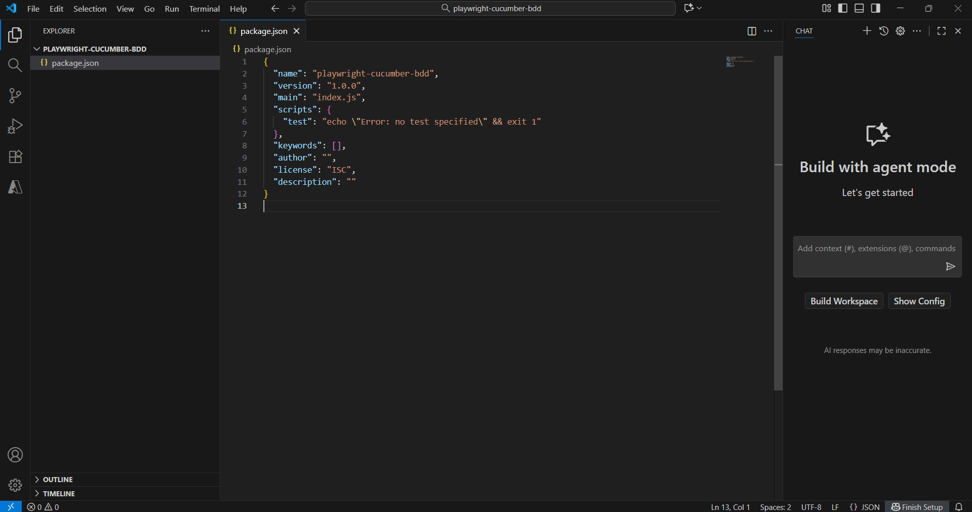 Package.json file content showing project configuration for Playwright Cucumber BDD setup