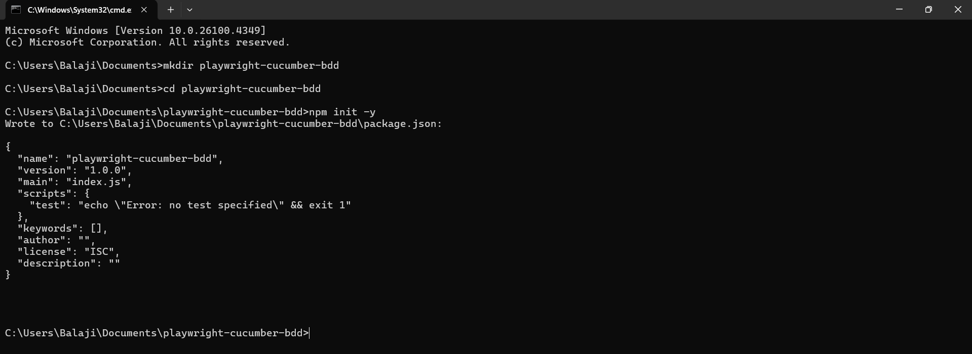 Command line showing npm init for Playwright Cucumber BDD setup