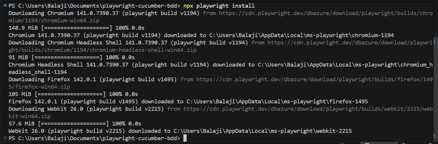 Command line showing Playwright downloading Chromium, Firefox, and WebKit browsers for testing Playwright Typescript