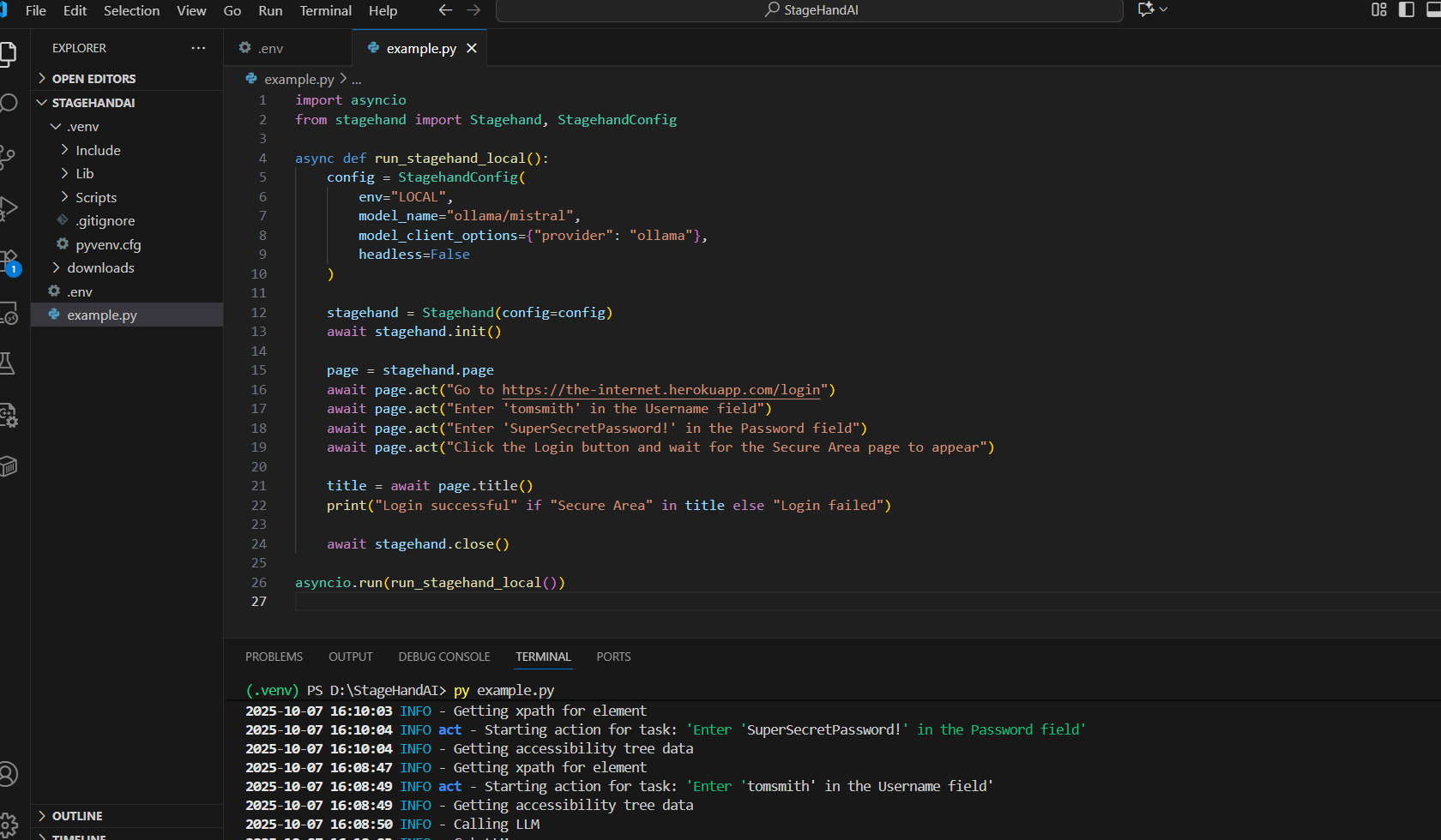 Python code example showing Stagehand browser automation configuration and login script, with terminal output displaying execution logs and debugging information during the automation process.