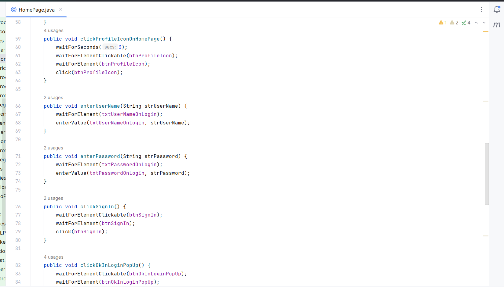 Code snippet showing Selenium WebDriver methods for login automation including clickProfileIconOnHomePage, enterUserName, enterPassword, clickSignIn, and clickOkInLoginPopUp functions with explicit waits. Design Patterns