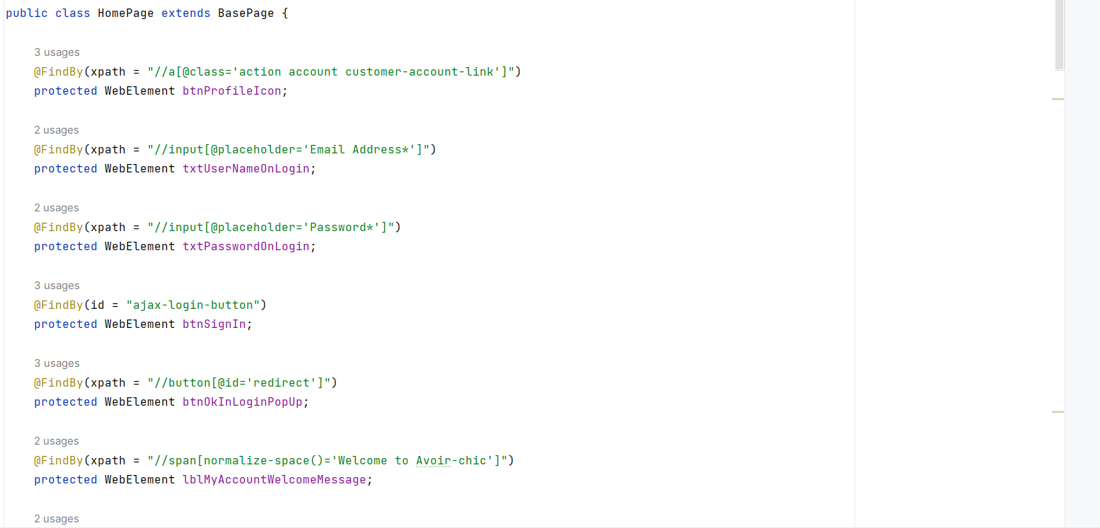 Java code snippet showing a Selenium Page Object Model implementation with @FindBy annotations for web elements including login fields, buttons, and welcome message locators.