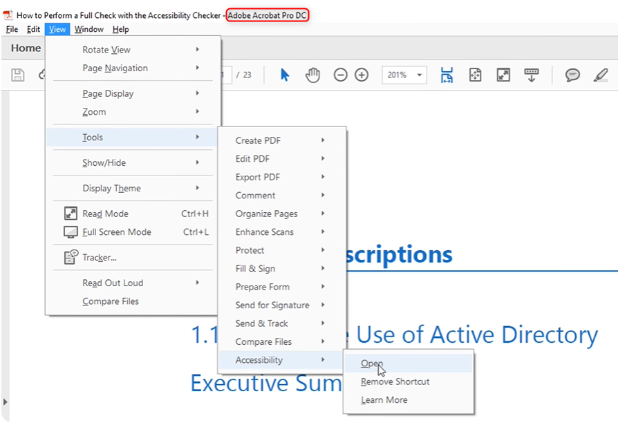 Adobe Acrobat Pro DC - Accessibility Checker Tool Location Adobe Acrobat Pro DC interface showing the