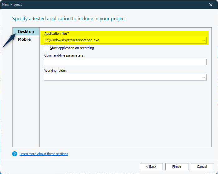 TestComplete screen showing the desktop application file path for Notepad.