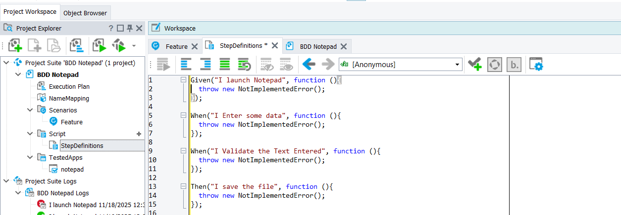 TestComplete displaying auto-generated step definition functions for Given, When, and Then steps.