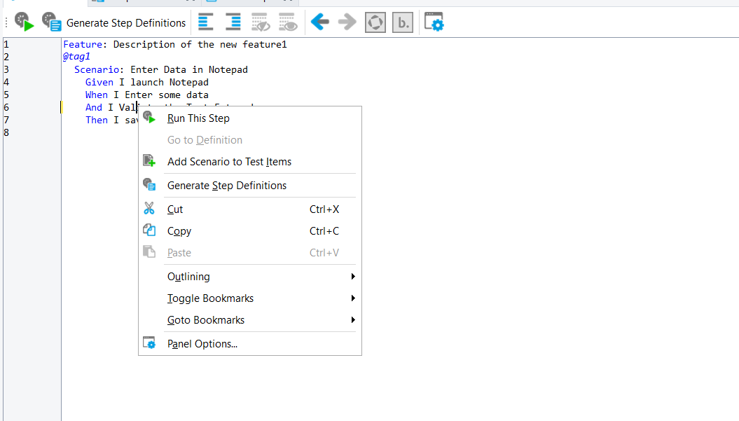 Context menu in TestComplete showing the option to generate step definitions from a Gherkin scenario.