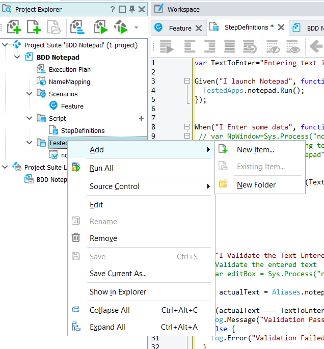 Context menu in TestComplete Project Explorer showing Add, Run All, and other project options.
