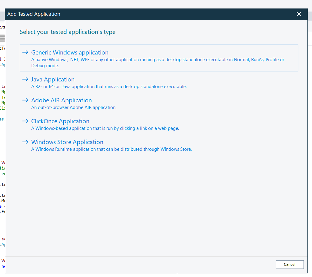 TestComplete dialog showing options to select the type of tested application such as Generic Windows, Java, Adobe AIR, ClickOnce, and Windows Store.