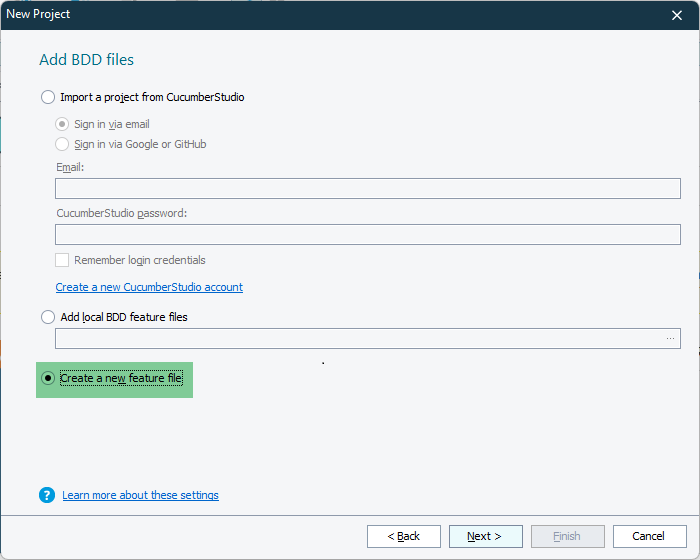 TestComplete window showing the option to create a new BDD feature file.