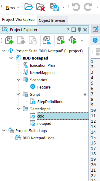 TestComplete Project Explorer showing multiple tested applications like calc and notepad added under TestedApps.