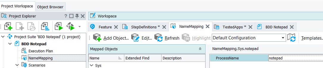 TestComplete NameMapping panel showing mapped objects and process name configuration for Notepad.