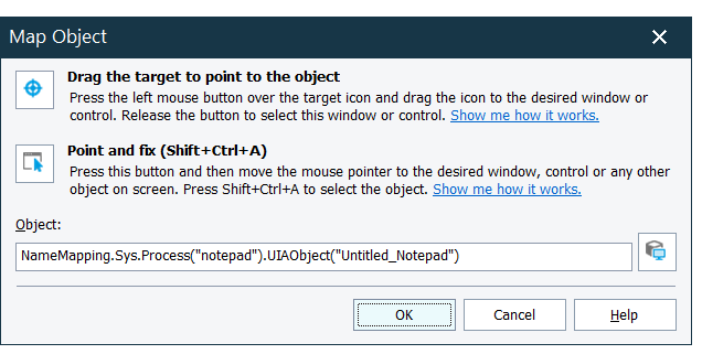 TestComplete Map Object dialog showing drag-and-point and point-and-fix options for selecting UI elements.