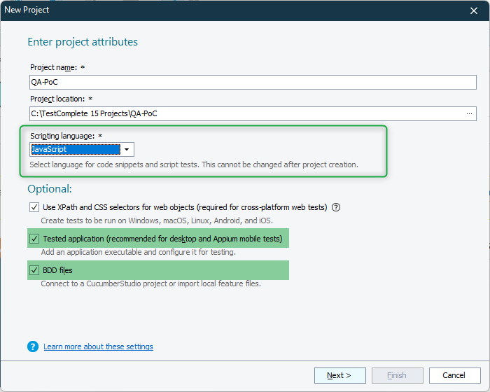 TestComplete project configuration window showing Tested Applications and BDD Files options.