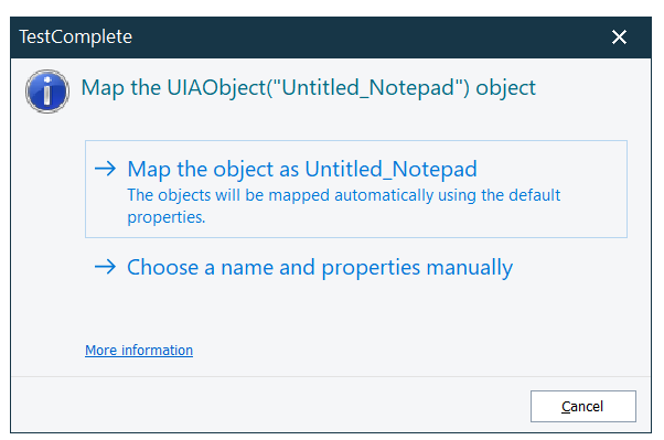 TestComplete dialog showing options to map an object automatically or choose name and properties manually.