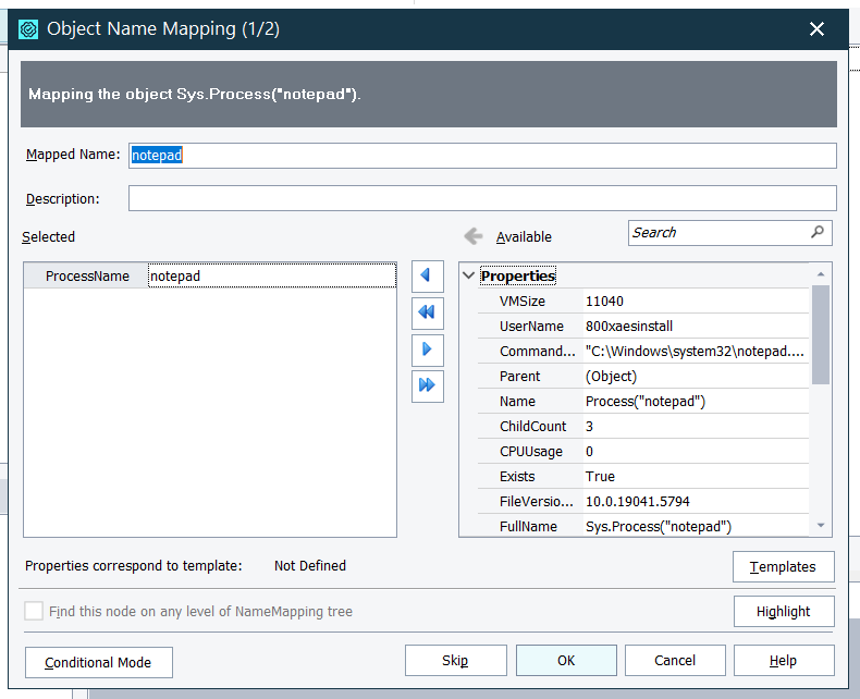 TestComplete Object Name Mapping window showing mapped name, selected properties, and available object attributes for Notepad.
