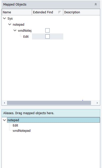 TestComplete showing mapped objects for Notepad and their corresponding aliases, including wndNotepad and Edit.