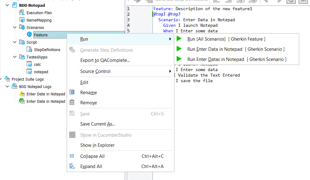 TestComplete context menu showing options to run all BDD scenarios or individual Gherkin scenarios.
