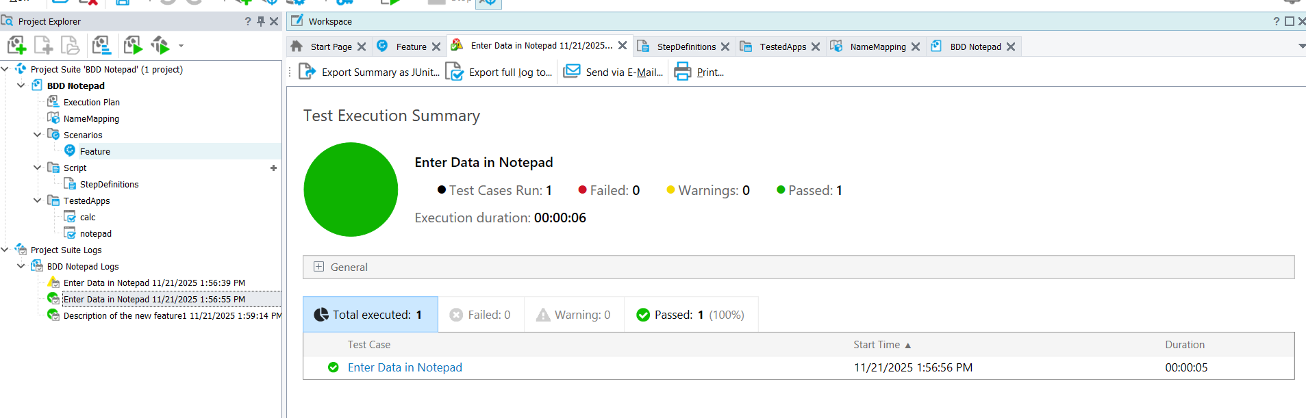 TestComplete showing execution summary with test case results, including total executed, passed, failed, and warnings.