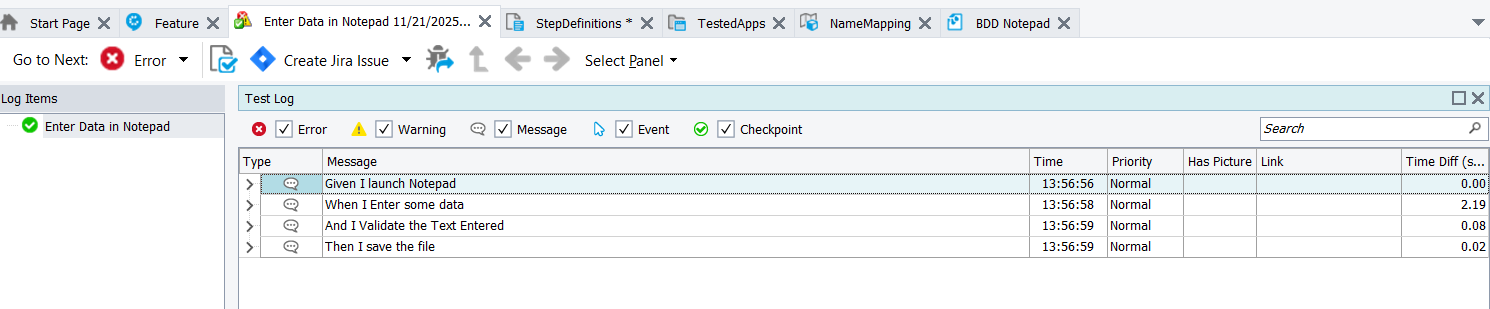 TestComplete test log listing each BDD step such as Given, When, And, and Then with execution timestamps.
