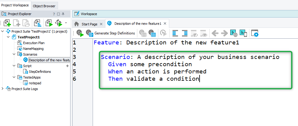 TestComplete showing a Gherkin feature file with a sample Scenario, Given, When, Then steps.