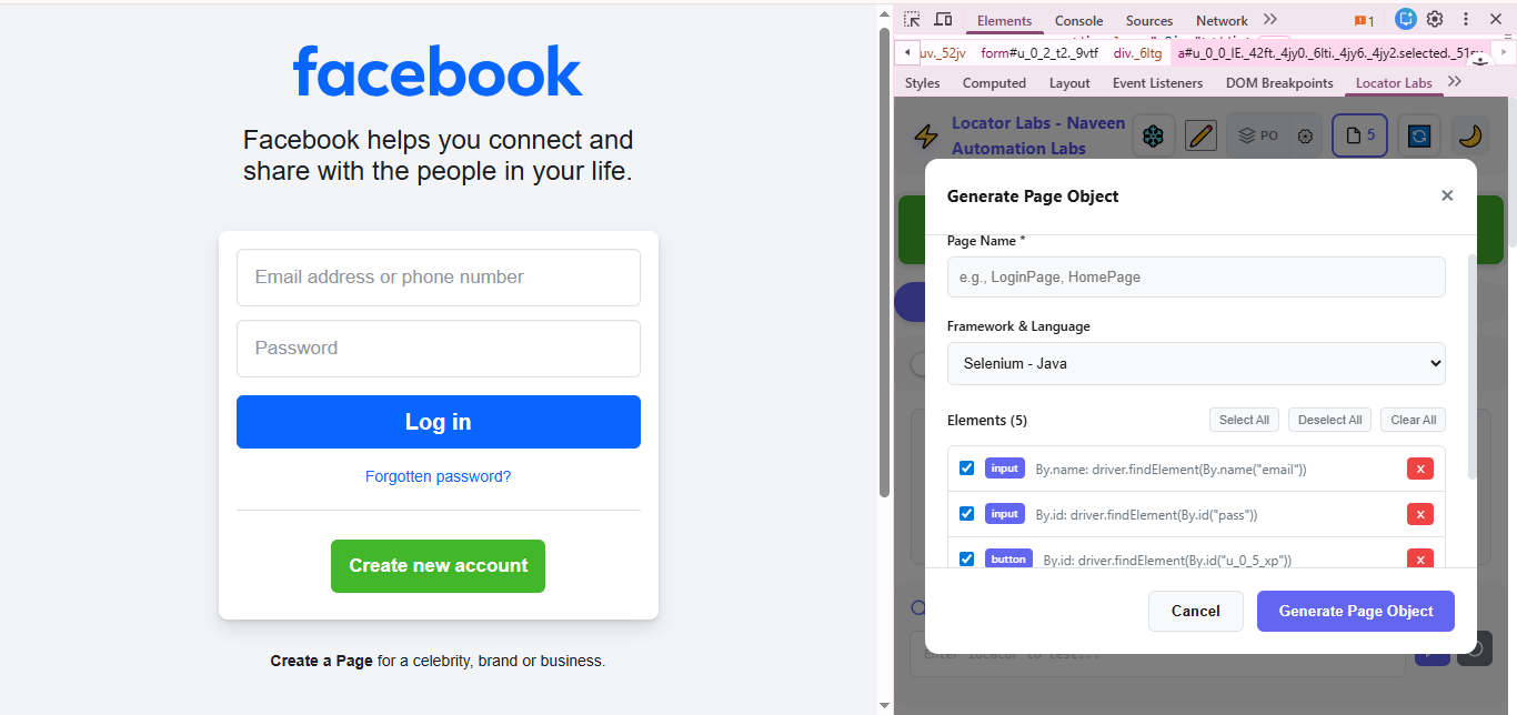 Screenshot of the Facebook login page displayed on the left, with fields for email, password, and login buttons, while the right side shows Chrome DevTools with the Locator Labs “Generate Page Object” panel open, listing selected input and button elements for Selenium Java automation.