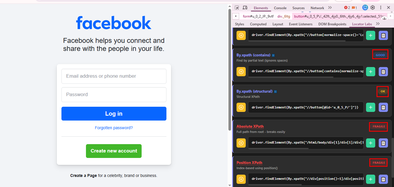 Screenshot showing the Facebook login page on the left and Chrome DevTools with Locator Labs on the right, where multiple XPath locator strategies for the Login button are listed and rated with quality labels such as GOOD, OK, and FRAGILE, highlighting best and weakest locator options.