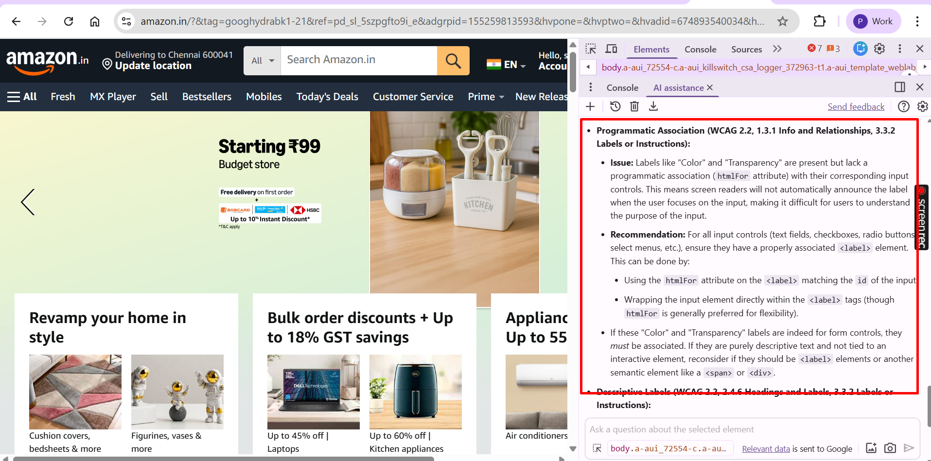 Screenshot of Amazon.in homepage with Chrome DevTools highlighting a WCAG accessibility warning about missing label associations for form inputs.