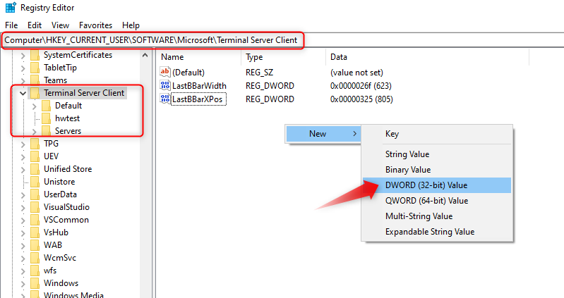 Creating DWORD value in Registry Editor for TestComplete Remote Desktop testing fix.