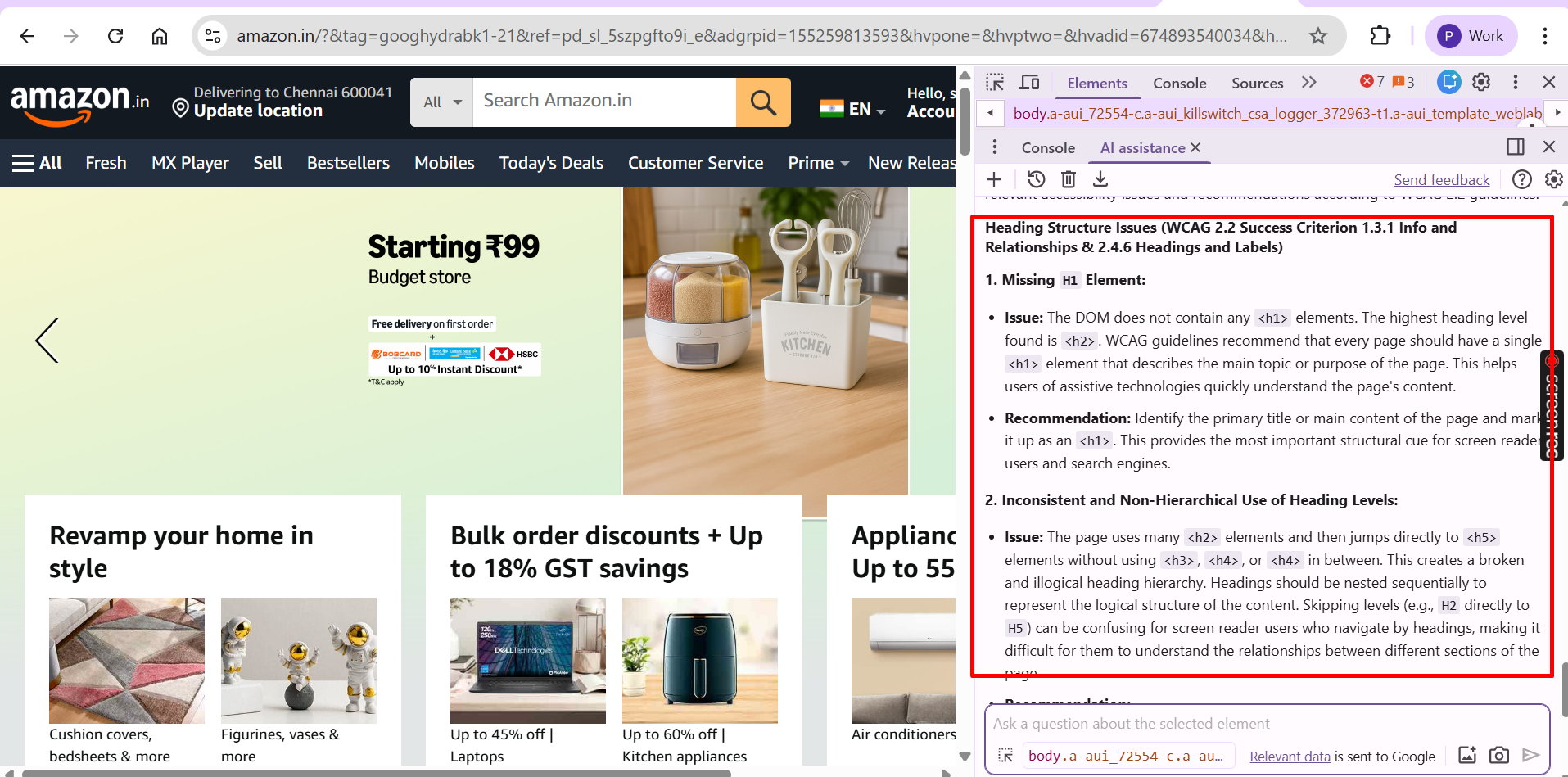 Screenshot showing a WCAG warning in Chrome DevTools about missing H1 and incorrect heading hierarchy.