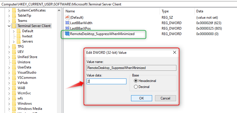 Registry fix for TestComplete Remote Desktop testing showing RemoteDesktop_SuppressWhenMinimized value set to 2.