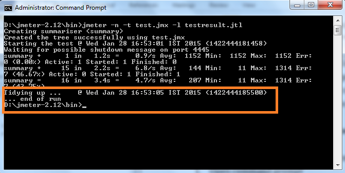 Command prompt showing JMeter running a test in non-GUI mode with summary results displayed.