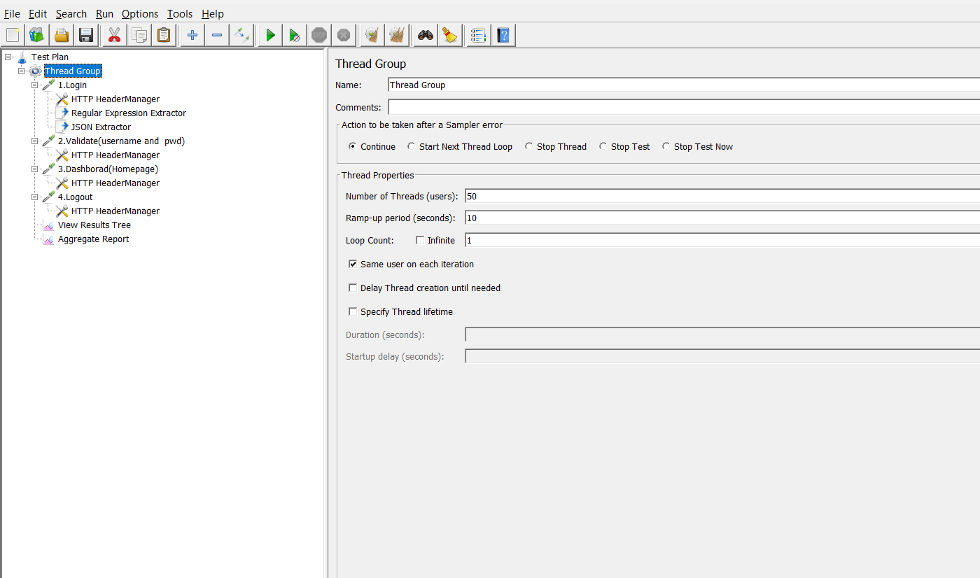 JMeter test plan showing a Thread Group with 50 users, including login, dashboard, and logout requests with result listeners.