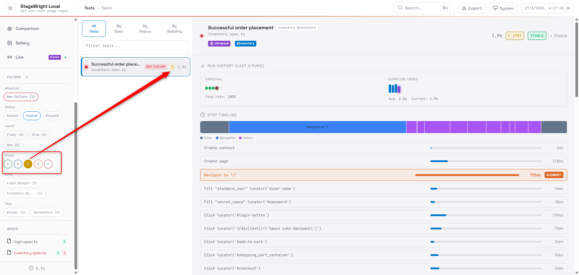 Test details screen highlighting a failed test with stability grade “C” selected in the filter sidebar.