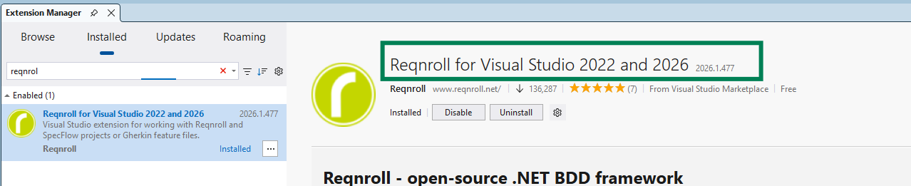Reqnroll for Visual Studio 2022 and 2026 extension shown as installed in the Extension Manager