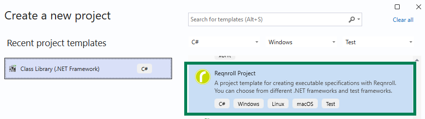 Visual Studio Create a new project dialog with the Reqnroll Project template selected